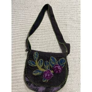 Anthropologie Rising Tide Wool Felted Purse Shoulder Bag 3D Flowers Charcoal